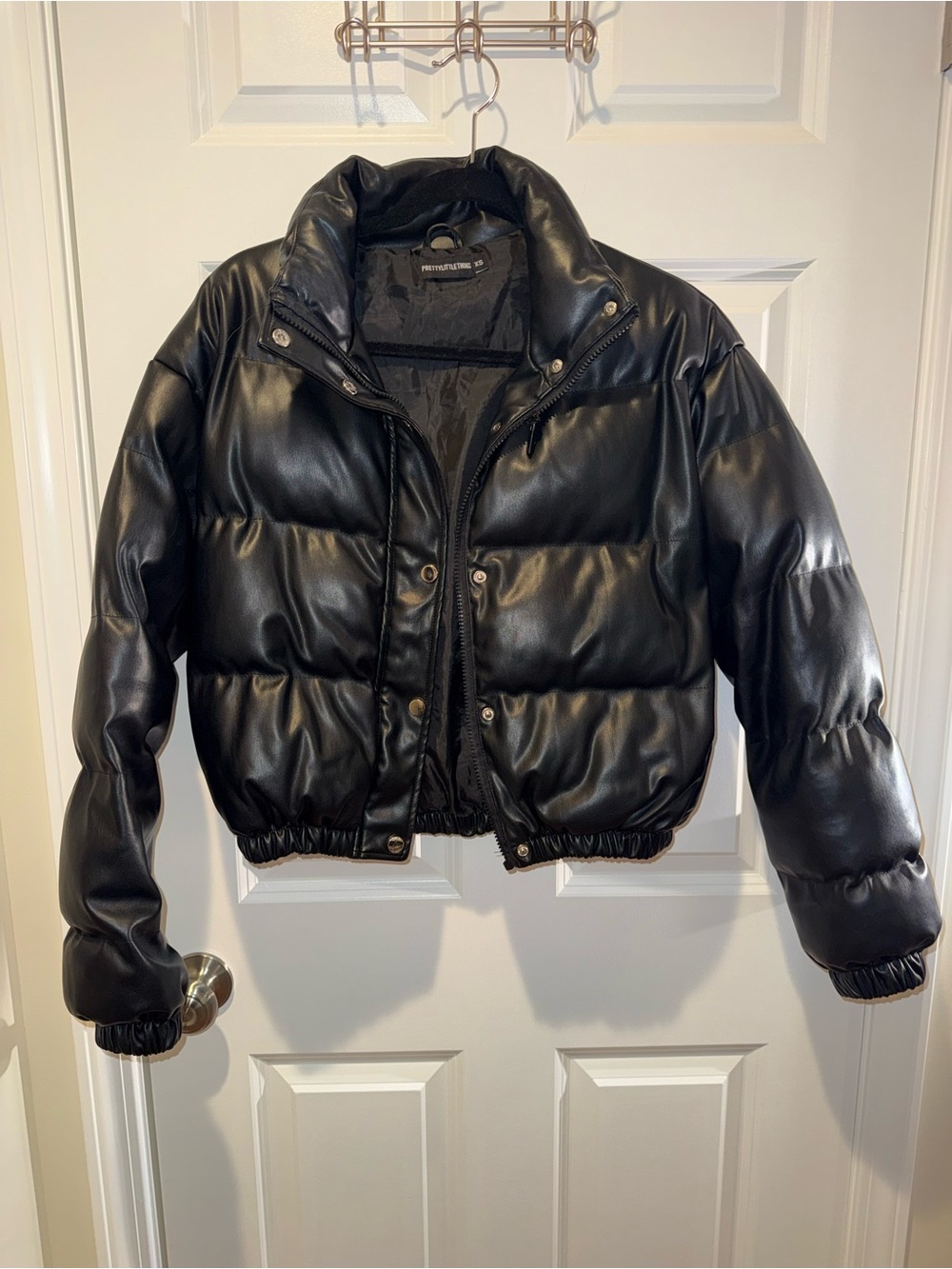 PrettyLittleThing Black Faux Leather Puffer Jacket - Picture 2 of 4
